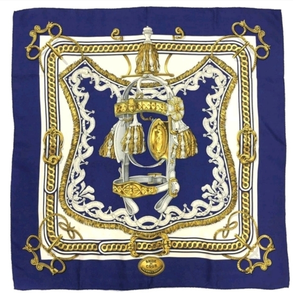 Hermes Accessories - HERMÈS BRIDE DE COUR SILK SCARF CARRÉ 90 NAVY GOLD VINTAGE + HARD BOX